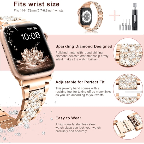 Band 38mm 40mm 42mm 44mm iWatch SE Serie 6 Serie 5 4 3 2 1, Bling Udskiftningsarmbånd iWatch Band, Diamant Rhinestone Rustfrit Stål Metal champagne gold 38mm/40mm