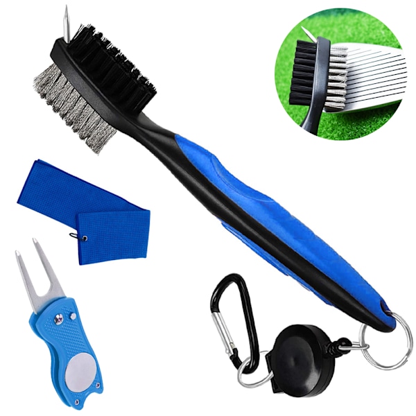 Microfiber Waffle Pattern Golf Towel Club Groove Cleaner Brush Foldable Divot Tool with Magnetic Ball Marker(Blue)