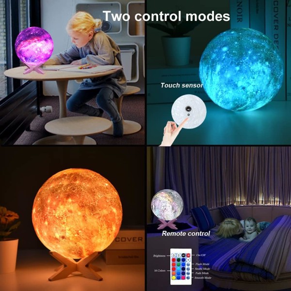 3D-utskrift månlampa, USB laddning 5,9 tum 16 färg månljus