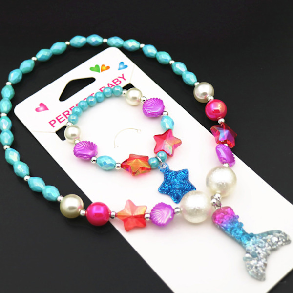 Children Beaded Necklace Bracelet Set Girls Star Shell Shaped Pendant Jewelry Sets Birthday Gift Necklace Bracelet Set