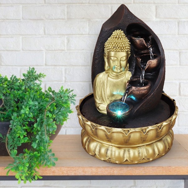 Harpiks Buddha-statue Vannfontene Feng Shui Ornament Innendørs Vannlandskap Håndverk Hjemmedekor EU-plugg 220V