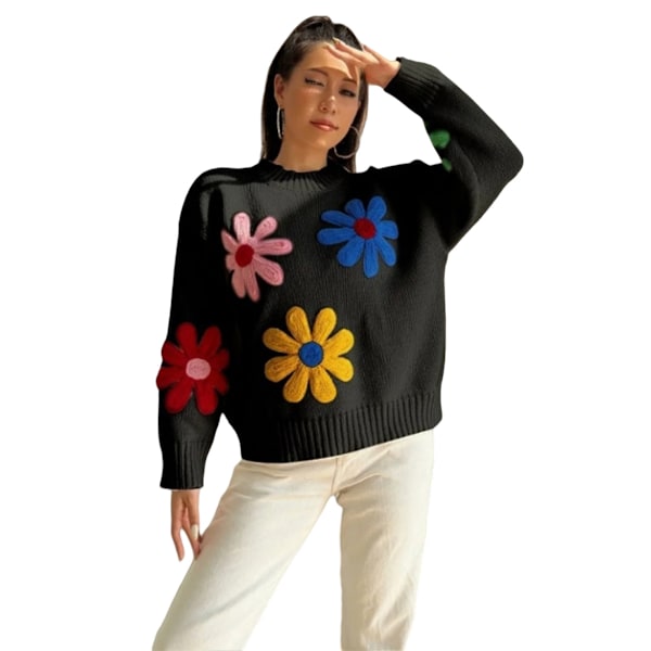 Womens Sweaters Flower Print - Crewneck Knitted Long Sleeve Sweaters Fall Winter Pullover Casual Top