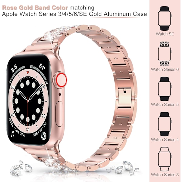 Band 38mm 40mm 42mm 44mm iWatch SE Serie 6 Serie 5 4 3 2 1, Bling Udskiftningsarmbånd iWatch Band, Diamant Rhinestone Rustfrit Stål Metal Rose Gold 42mm/44mm