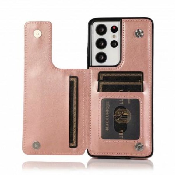 Samsung S21 Ultra, Skal med korthållare, 3-FACK Flippr V2, Rosa guld