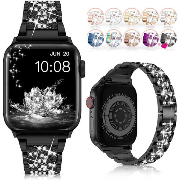 Band 38mm 40mm 42mm 44mm iWatch SE Serie 6 Serie 5 4 3 2 1, Bling Udskiftningsarmbånd iWatch Band, Diamant Rhinestone Rustfrit Stål Metal Black 42mm/44mm