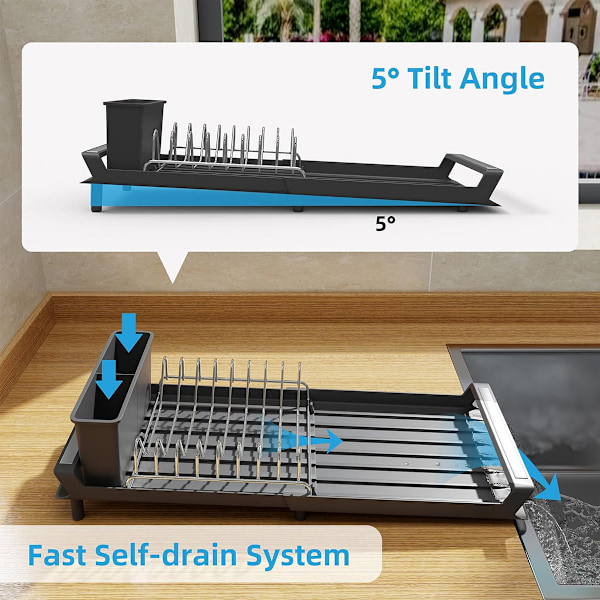 Oppvaskstativ, Utvidbart Oppvaskstativ for Kjøkkenbenk med Bestikkholder, Rustfritt Stål Lite Oppvaskstativ Organizer med Dryppbrett for 灰色
