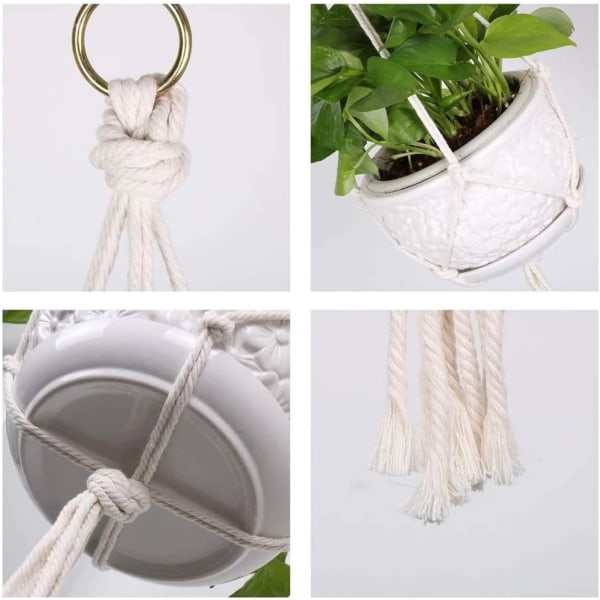 Macrame planteophæng, 4 stykker Macrame plantestøttekurv med 4 hængekroge, håndvævede macrame blomster planteophæng til haven indendørs udendørs