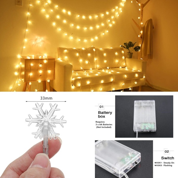 Julbelysning, 20 Ft 40 Led Snowflake String Lights Batteri O Snowflake-warm White