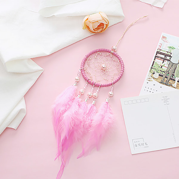 DIY Handgjord Drömfångare Fjädersträng Dekoration Ornament Hem Bil (Rosa)
