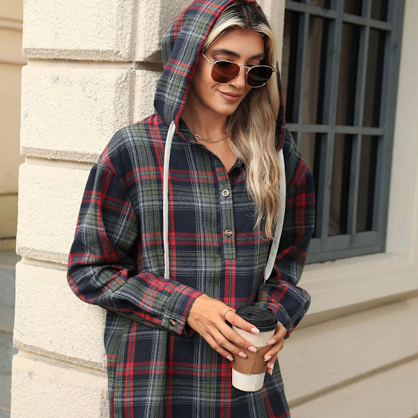 Plaid Hoodies til Kvinder med Knapper, V-udskæring, Løstsiddende, Ensfarvet, Langærmet, Casual, Trøje med Hætte