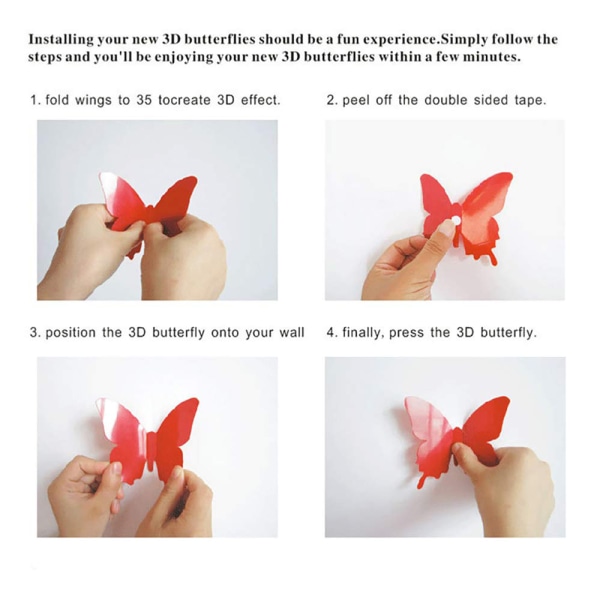 24 STK 3D sommerfugl veggdekor avtagbare klistremerker dekor for barn