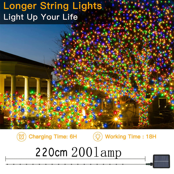 Solar String Lights, extra långa 72ft 200 LED Fairy Lights, 8 white