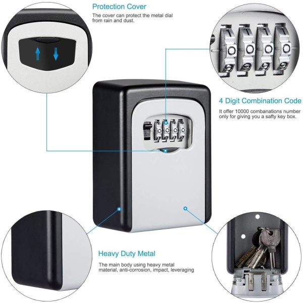 Sikker nøkkelboks, veggmontert nøkkelboks, nøkkelboks med 4-sifret kode Svært sikker vanntett og rustsikker, for innendørs utendørs hjemmekontor garasjeskole