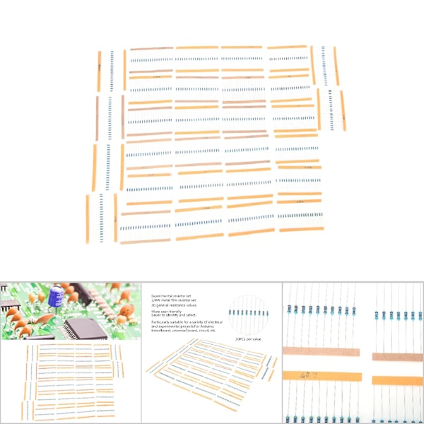 600 st 1/4W Metallfilmresistorer med femfärgsband, 1% noggrannhet, 30 värden