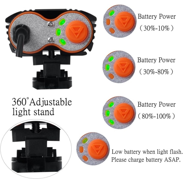 Pannlampa för cykel, kraftfull ljus, lätt USB laddningsbar - 2400 lumen med baklampa ingår - Lämplig för alla cyklar, vattentät och