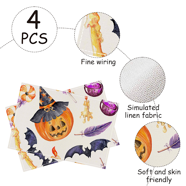 Halloween Bordmatter, 12x18 Sett med 4, Varmebestandige Bordmatter, Vaskbare Bordmatter for Spisestue