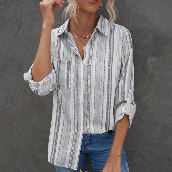 Vertical Striped Shirt Women Striped Lapel Long Sleeve Single Breasted Breathable Polyester Fiber Striped Blouses for Daily