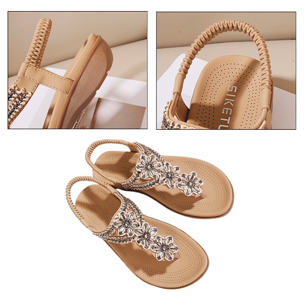 Damskor med flätad T-rem, platta sandaler med elastisk, romerska gladiatorsandaler