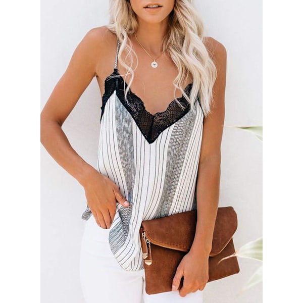 Dame Halter Tanktop, Bluser med Blonder, V-hals, Stropper, Løstsiddende Camisole, Veste, Maskinvaskbar, Blonder Trim på Ærmer, Ærmeløs