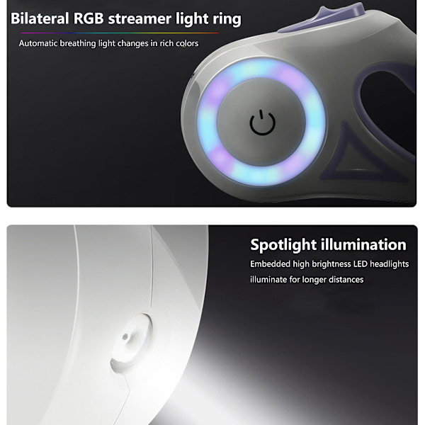 Hundkoppel med Retraherbart Koppel 16ft/5m med LED-lampa | Reflekterande Nylonband Retraherbart Koppel med Halsband (Lila)