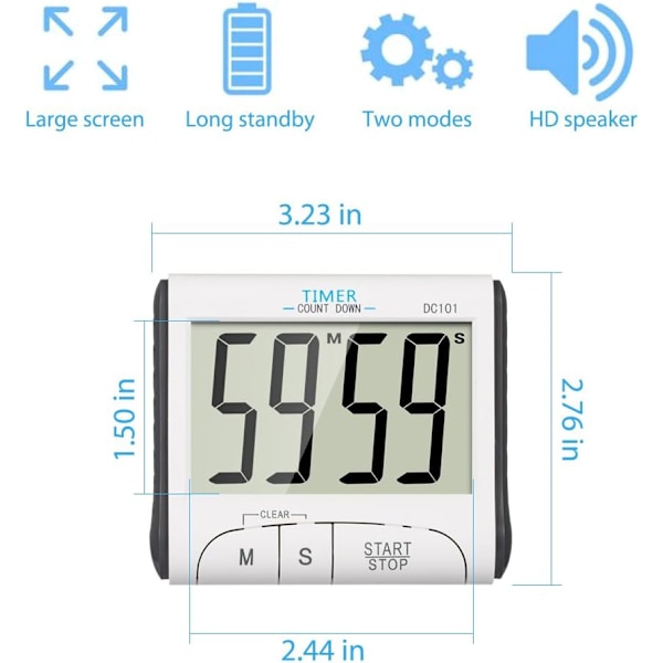 Kjøkkentimer, Elektronisk Magnetisk Digital Kjøkkentimer 24H Digital Kjøkkentimer med Hørbar Alarm LCD-Skjerm Nedtelling Magnet Holder - Hvit