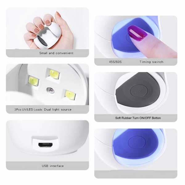 Mini Negle tørreapparat Ægform 3W UV LED Lampe til Negle Enkelt Finger Lampe Negle Gel Polish Tørreapparat Tørremaskine Smart Sensor 45s / 60s USB Stik Tørring