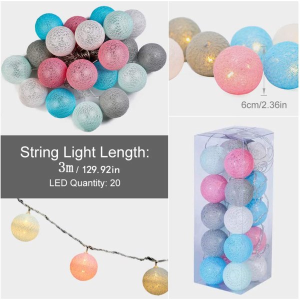 Cotton Ball Lichterkette - 3m 20 LED Kugel Lichterkette for Indo