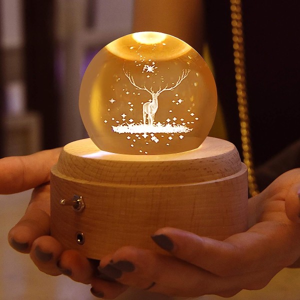 Krystalkugle spilledåse, 360° roterende, træbase, glød ved