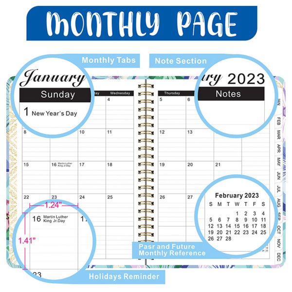 2023 Planner ukentlige og månedlige agendaer for 2023, 12 måneder