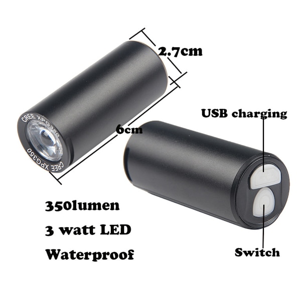 Cykellampa USB Laddningsbar Lumen LED Framlampa Vattentät Hög Ljusstyrka för Cyklingssäkerhet Svart
