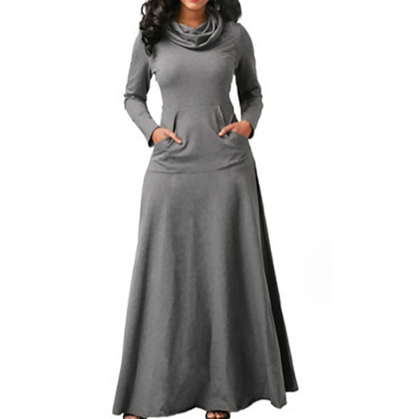 Women Evening Party Night Bow Long Sleeve Pockets Solid Long Dresses