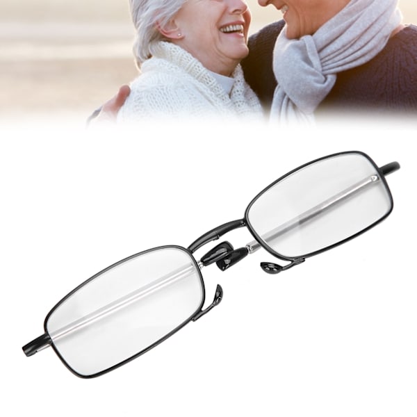 Stainless Steel Folding Reading Glasses Elderly Portable Presbyopic Glasses with Storage Box(+350 Square Frame Black)