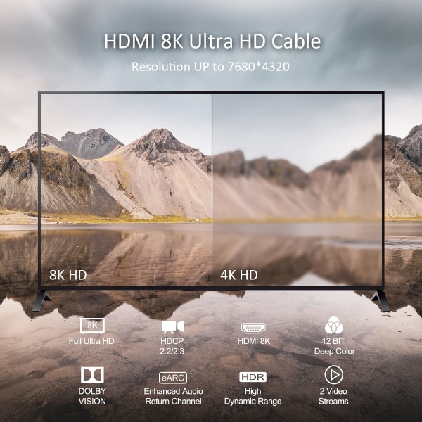 8K-sertifioitu supernopea HDMI-kaapeli 48Gbps 10FT, 8K60Hz