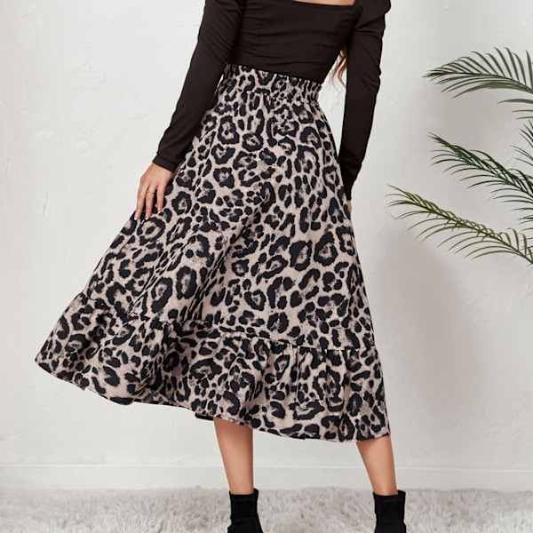 A-linje Midiskjørt Leopardprint Rufflet Design Stilig Casual Elastisk Høy Midje Dame Midiskjørt