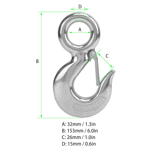Ögonslipkrok med säkerhetslås Rostfritt stål Marin lyftögonslyngkrok 2T