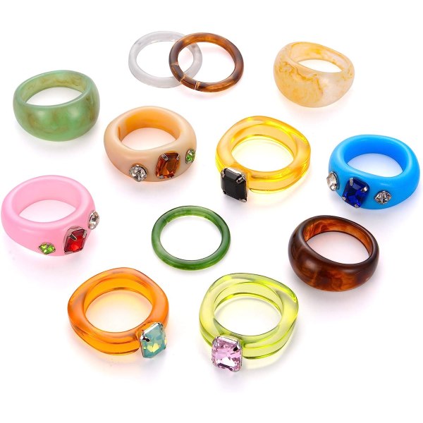 12 stk harpiksringer for kvinner Retro akryl Chunky fargerike ringer
