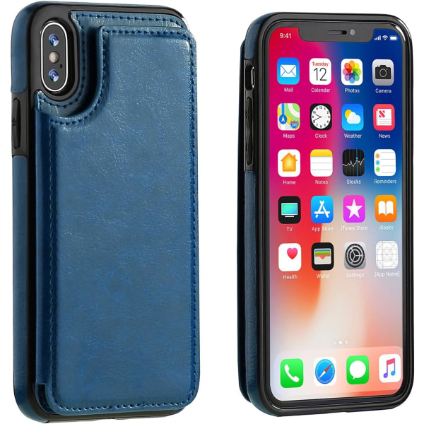 IPhone Xs IPhone X Case med kortholder, Premium PU iPhone Xs/X 5.8" Blue