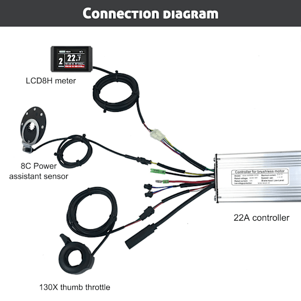 22A Elcykel Kvadratvågsstyrenhetssats med LCD8H-mätare 130X-växel 8C-hjälpsensor för 500W-motor