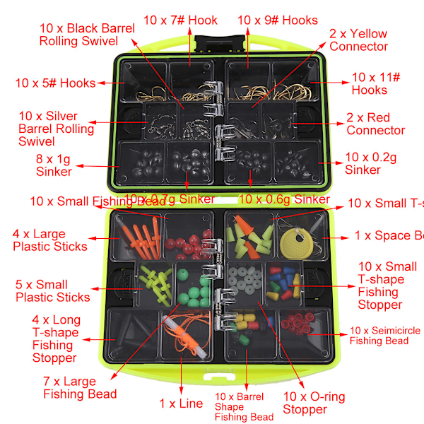 Bergfiskeutstyrsett med eske, svirvler, kroker, ermer, myke perler, rør, klips, tilbehør
