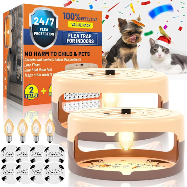 2-pack Flugt Fällor för Inomhusbruk med 8 Klibbiga Skivor & 4 Glödlampor & 2 Elkablar, Flugbärare Inomhus Sängbuggfälla Skadedjursbekämpning, Giftfri &