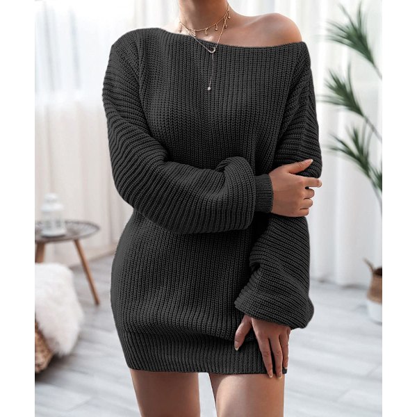 Kvindes off-shoulder sweaterkjole, langærmet en-skulder strikket sweater