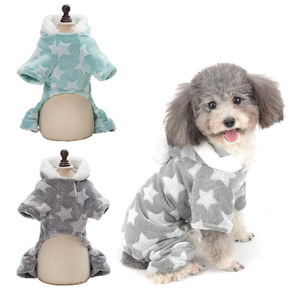 2-pak Små Hunde Pyjamas Overalls Jumpsuit, Vinter Fleece Hvalpe Hættetrøje Pyjamas Outfit med 4 Ben Jakke Frakke Tøj (Grøn+Grå)