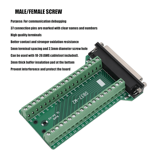 DB37 Breakout-kontaktplatta Rakt PCB Isolerad Störundertryckande AC300VDB37‑M2 Hon