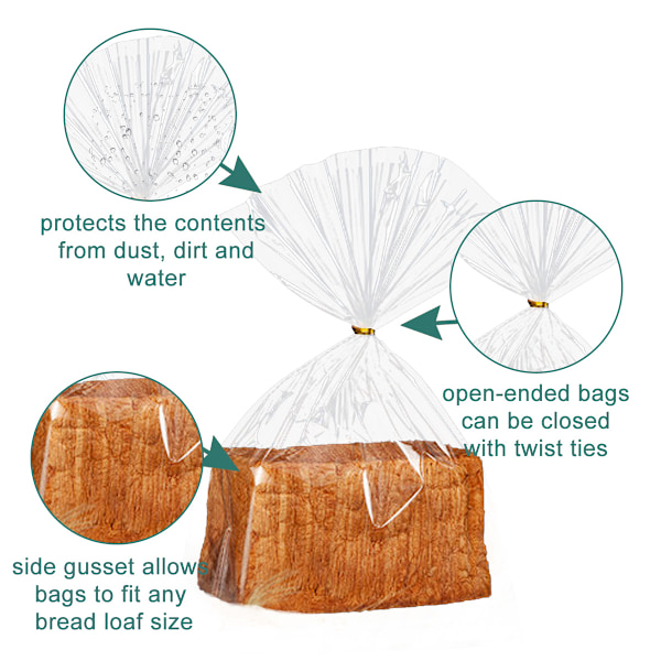 100 Transparente Brødposer og 100 Gyldne Twistbånd, Engangs Forseglede Brødposer Bagemad Emballageposer Fedtbestandig Papir Toastposer