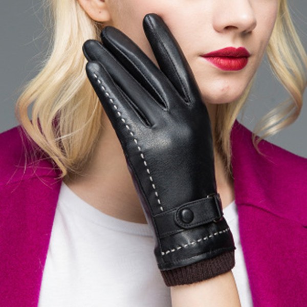 Vinterläderhandskar för kvinnor, ullfleecefodrade varma handskar,