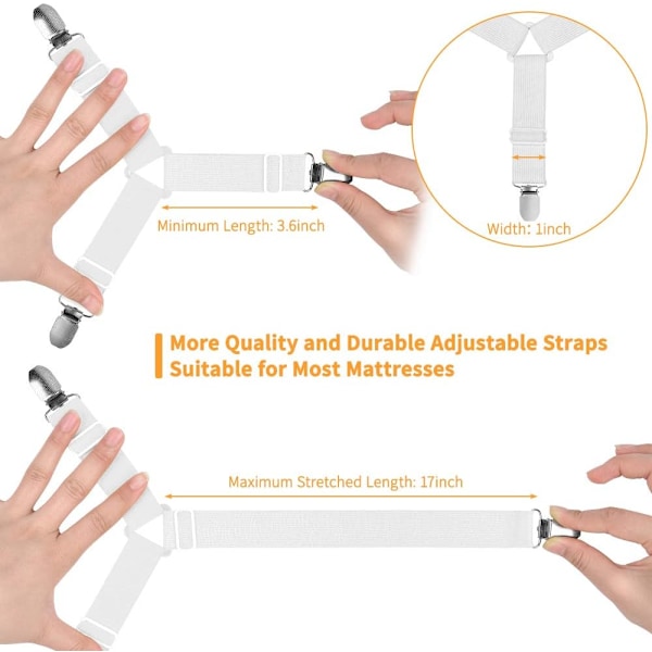 Sengesett Holder Stropper, 8 stk Sengestrammer Justerbare Trekant Elastiske Suspendere Madrasshjørne Klips med Heavy Duty Grippers Svart