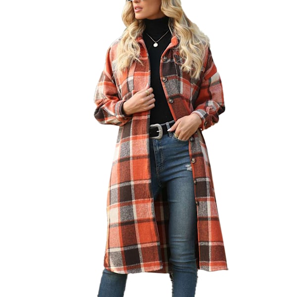 Women Coat Plaid Printed Split Hem Turn Down Collar Single Row Button Loose Pocketed Shacket Orange Red S