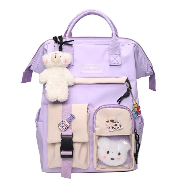 Cute Backpack with Cute Pin Accessories Plush Pendant for School Bag Student Girl Backpack,Purple