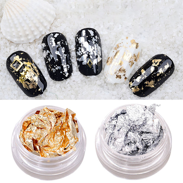 Foil Nail Art Kit, Negletilbehør for Folieoverføring, Neglestrø for Dekorasjon, Flakete og Speileffekt | Gull og Sølv, Gull