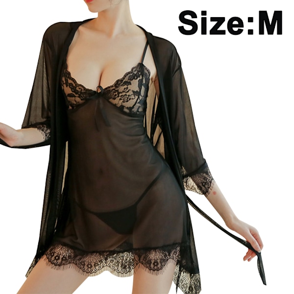 Lace Negligee Lingerie Women Sexy Set Underwear Lingerie with Scarf Temptation Suspenders Sexy Lace Pajamas Nightdress (M, Black)